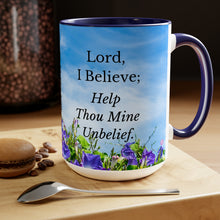 Load image into Gallery viewer, All Things Possible, I Believe, Help My Unbelief, Mark 9:23-24, Faith, Morning Glories, Two-Tone Glossy Mugs, 15oz ~ ~
