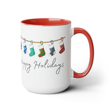 Load image into Gallery viewer, Happy Holiday Stockings Mug, Two-Tone Glossy Mugs, 15oz ~ ~