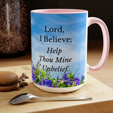 Load image into Gallery viewer, All Things Possible, I Believe, Help My Unbelief, Mark 9:23-24, Faith, Morning Glories, Two-Tone Glossy Mugs, 15oz ~ ~