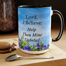 Load image into Gallery viewer, All Things Possible, I Believe, Help My Unbelief, Mark 9:23-24, Faith, Morning Glories, Two-Tone Glossy Mugs, 15oz ~ ~