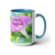 Load image into Gallery viewer, All Things Possible, I Believe, Help My Unbelief, Mark 9:23-24 NKJV, Faith, Pink Morning Glories, Two-Tone Glossy Mugs, 15oz ~ ~