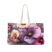 Load image into Gallery viewer, Proverbs 31-25 Oversized Weekender Tote: Strength &amp; Dignity on Every Journey, Shopping, Church, art Supplies, Vacation, or the Beach.
